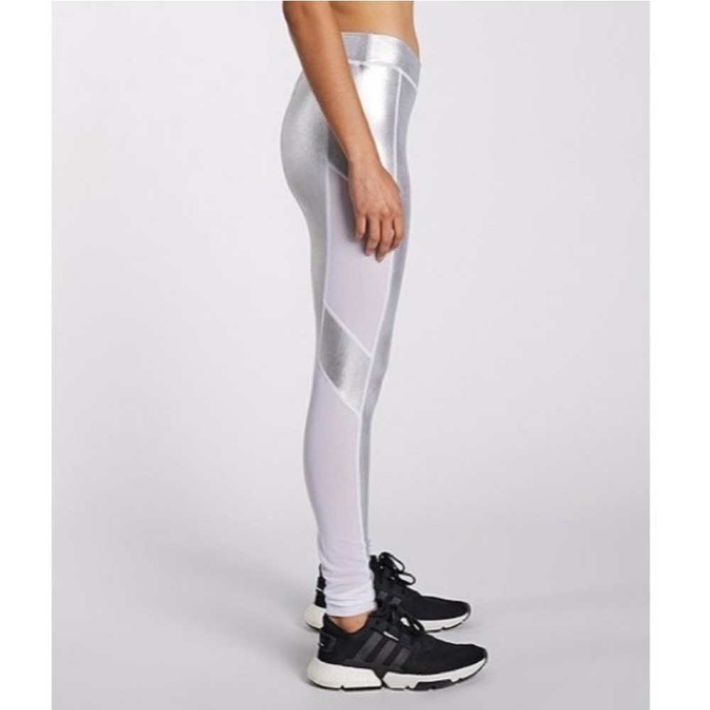 SECNDNTURE by Jordyn Woods Metallic Silver & White Mesh Leggings